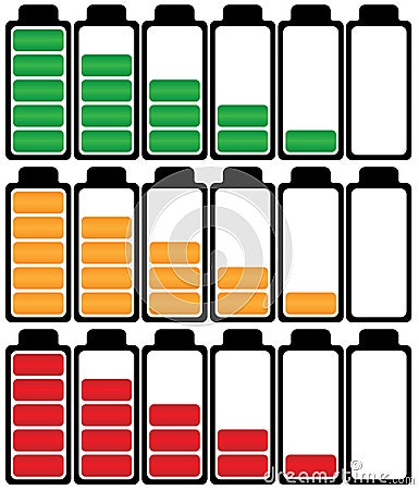 Three colourful battery cells, full and empty, set, vector illustration Vector Illustration