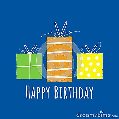 Three colourful hand drawn gift boxes isolated on a blue background, with happy birthday text Vector Illustration