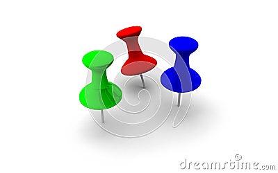 Three colourful thumbtacks in red, green and blue Cartoon Illustration