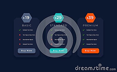 three column pricing chart table layout for web menu or tariff Vector Illustration