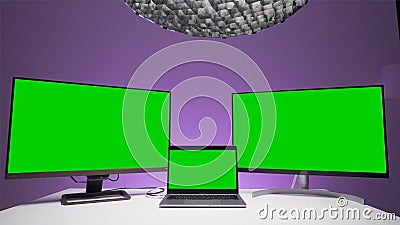 Three computer devices with green screens. Action. Several computer monitors with green chromakey for insertion Stock Photo