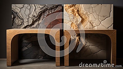 Exotic Fantasy Landscapes: Marble And Wood Stools With Stone Faces Stock Photo