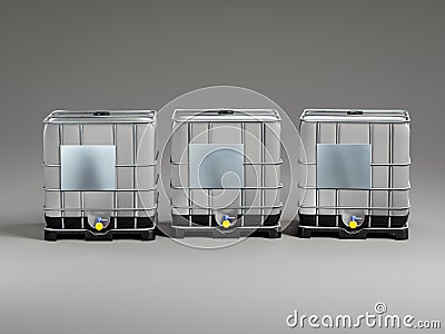 Three construction site water containers on gray background Stock Photo