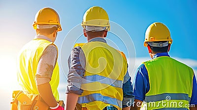 Three construction workers wearing yellow Stock Photo