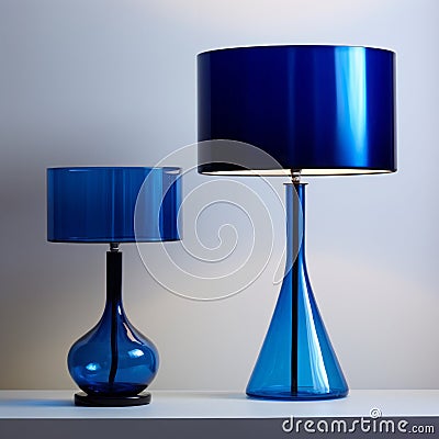 Modern Blue Glass Lamps And Vases: Intense Lighting And Shadow In Minimalist Style Stock Photo