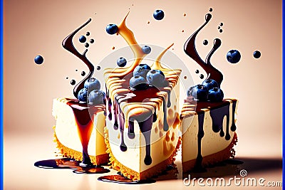 three-corner pieces of cream cheesecake with blueberries drizzled with syrup Stock Photo