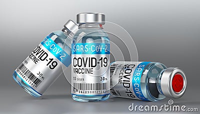 Three covid-19 / SARS-CoV-2 / coronavirus vaccine ampoules isolated on grey background Cartoon Illustration