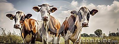 Three cows on a farm. Generative AI, Stock Photo