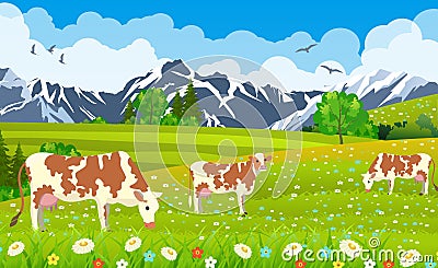 Three cows in a landscape and farm. Vector Illustration
