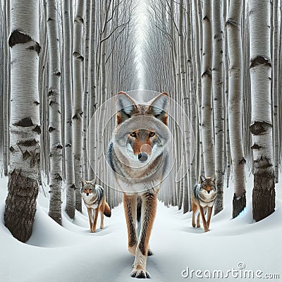 Three Coyotes Wilderness Wintertime Birch Trees Snowy Pathway Forest Canada AI Generated Stock Photo