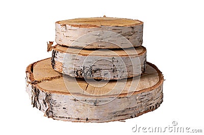 Three cracked slices of a birch trunk - thick and thin, lie on top of each other. Stock Photo