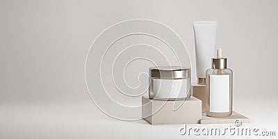 Three creams containers mockup with blank white label. Three cosmetic product mockups on beige geometric podiums. copy space. 3D Stock Photo