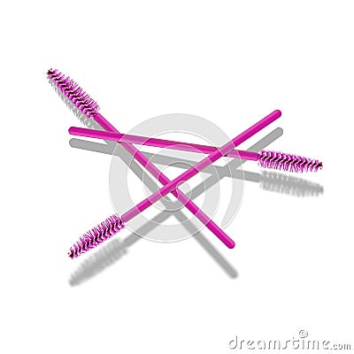 Three pink mascaras, eyelash brushes with shadow, on a white background Stock Photo