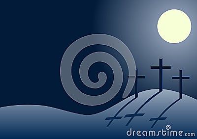 Three crosses on Calvary at night Vector Illustration