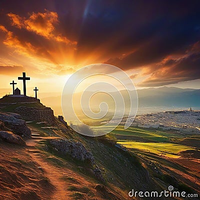 three crosses on Golgotha near the death of the crucifixion of Cartoon Illustration