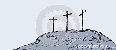 Three crosses stand on light sky backdrop Vector Illustration