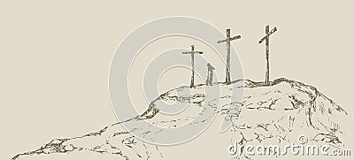 Three crosses stand on light sky backdrop Vector Illustration