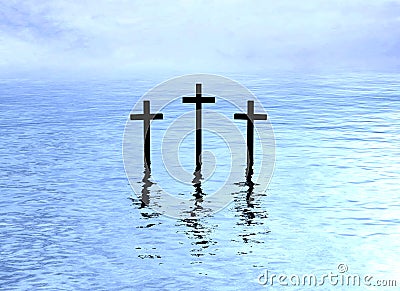 Three crosses over water reflection Stock Photo