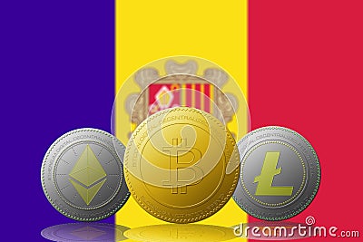 Three cryptocurrencies Bitcoin Ethereum and Litecoin with ANDORRA flag on background Editorial Stock Photo