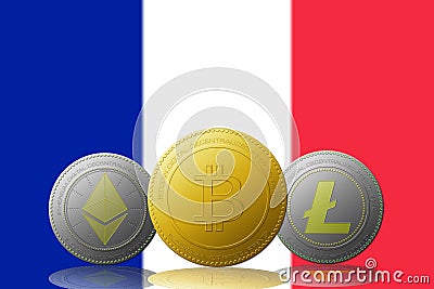 Three cryptocurrencies Bitcoin Ethereum and Litecoin with FRANCE flag on background Editorial Stock Photo