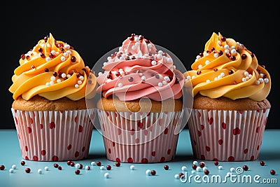 three cupcakes with frosting on a blue background Stock Photo