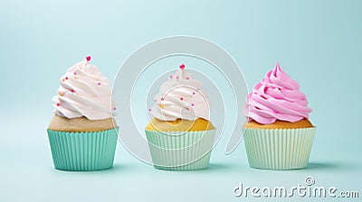 Three cupcakes with pink and white frosting on a blue background Generative AI Cartoon Illustration