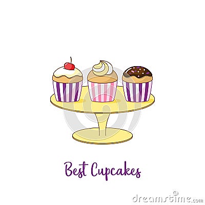 Three cupcakes on a stand isolated on a white background. Vector Illustration