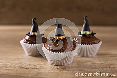 Three cupkaces with witch hat halloween holiday Stock Photo