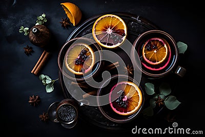 Three cups of christmas mulled wine or gluhwein with spices and orange slices . Generative AI Stock Photo