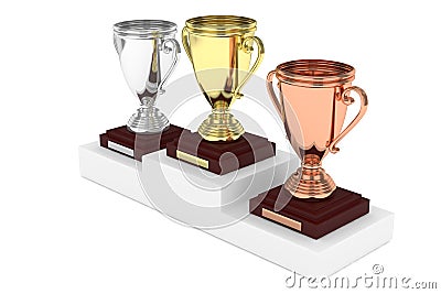 Three cups on pedestal. 3D rendering. Stock Photo