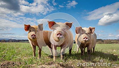 Three curious pigs stand in an open field Stock Photo