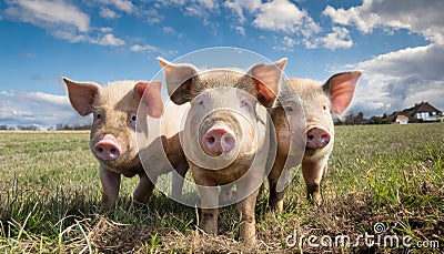 Three curious pigs stand in an open field Stock Photo