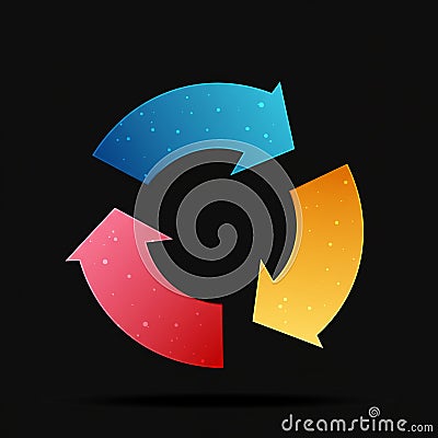 Three curved arrows form a circular flow on a dark background. Each arrow has a Stock Photo