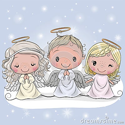 Three Christmas angels on a blue background Vector Illustration