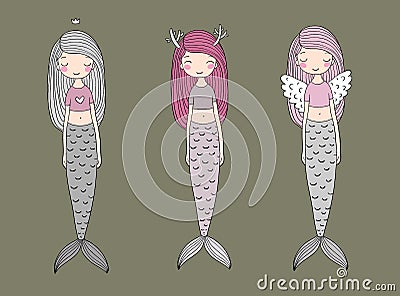 Three cute cartoon mermaids. Siren. Sea theme. Vector Illustration