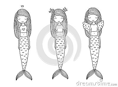 Three cute cartoon mermaids. Siren. Sea theme. Vector Illustration