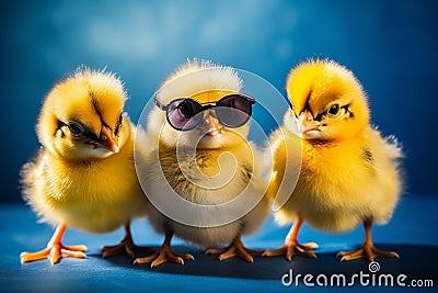 Three cute chicken chicks wearing sunglasses, representing a fun and playful image. Ai generated Cartoon Illustration