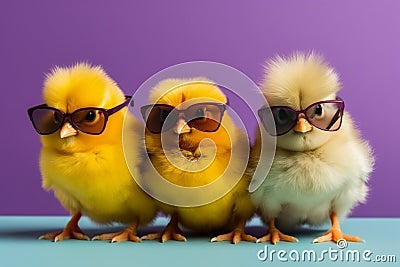 Three cute chicken chicks wearing sunglasses, representing a fun and playful image. Ai generated Cartoon Illustration