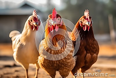 three cute chickens in nature. Stock Photo