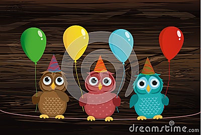 Three cute colored owls sitting on a rope and holding balloons. Stock Photo