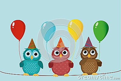 Three cute colored owls sitting on a rope and holding balloons. Stock Photo