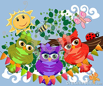 Three cute colorful cartoon owls sitting on tree branch with flowers Stock Photo