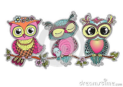 Three Cute colorful cartoon owls sitting on tree branch Vector Illustration