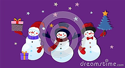 Three cute funny snowman characters with gifts and Christmas tree. Children s Christmas paper application on a purple background Cartoon Illustration