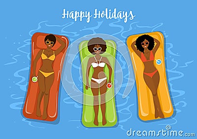 Three cute girlfriends sunbathing swimming on inflatable matresses in the pool Vector Illustration