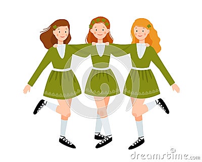 Three cute girls in green dresses are dancing together. Irish dancers isolated on a white background. Vector flat Vector Illustration
