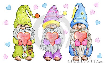 Three cute gnomes with valentine hearts in hands. Valentine day clipart. Watercolor drawing isolated on white background Stock Photo