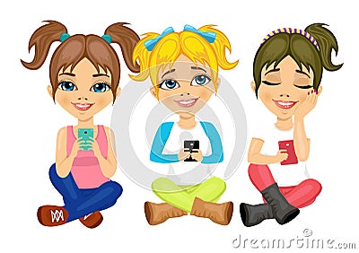 Three cute little girls sitting on floor using their smartphones smiling happy Vector Illustration