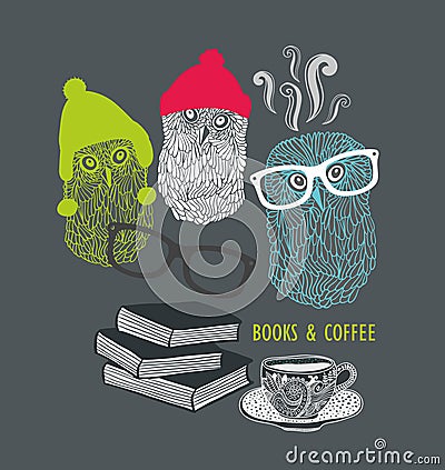 Three cute owls with books and cup of coffee Vector Illustration