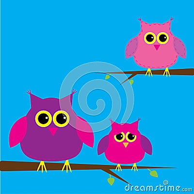 Three cute owls and cloud. Card. Vector Illustration